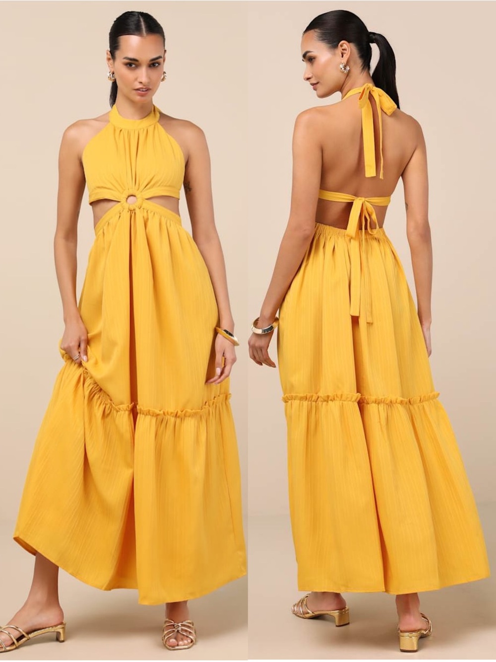 LULUS Halter Neck Open Tie Back Cutout Tier Ruffle Scandi Wedding Guest Dress XS